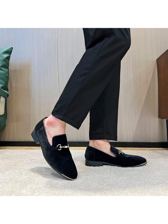 Men\'s Black Velvet Penny Loafers Metal Buckle Slip On Luxury Suede Formal Shoes main image 2